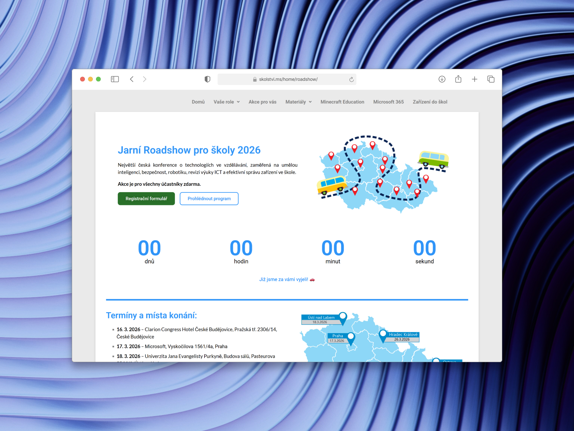 Přehled programu Roadshow pro školy se sticky navigací k termínům
