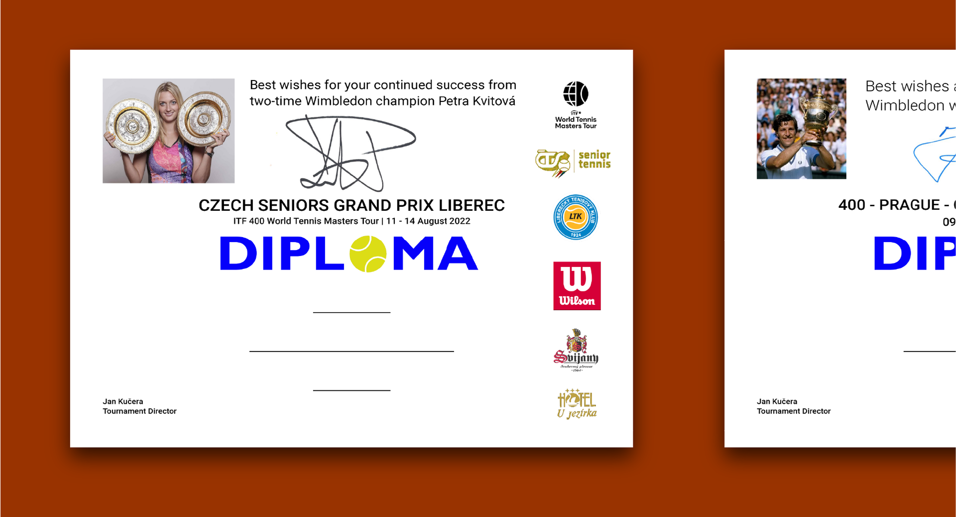 Diplomy s podpisem Petry Kvitové a Jana Kodeše
