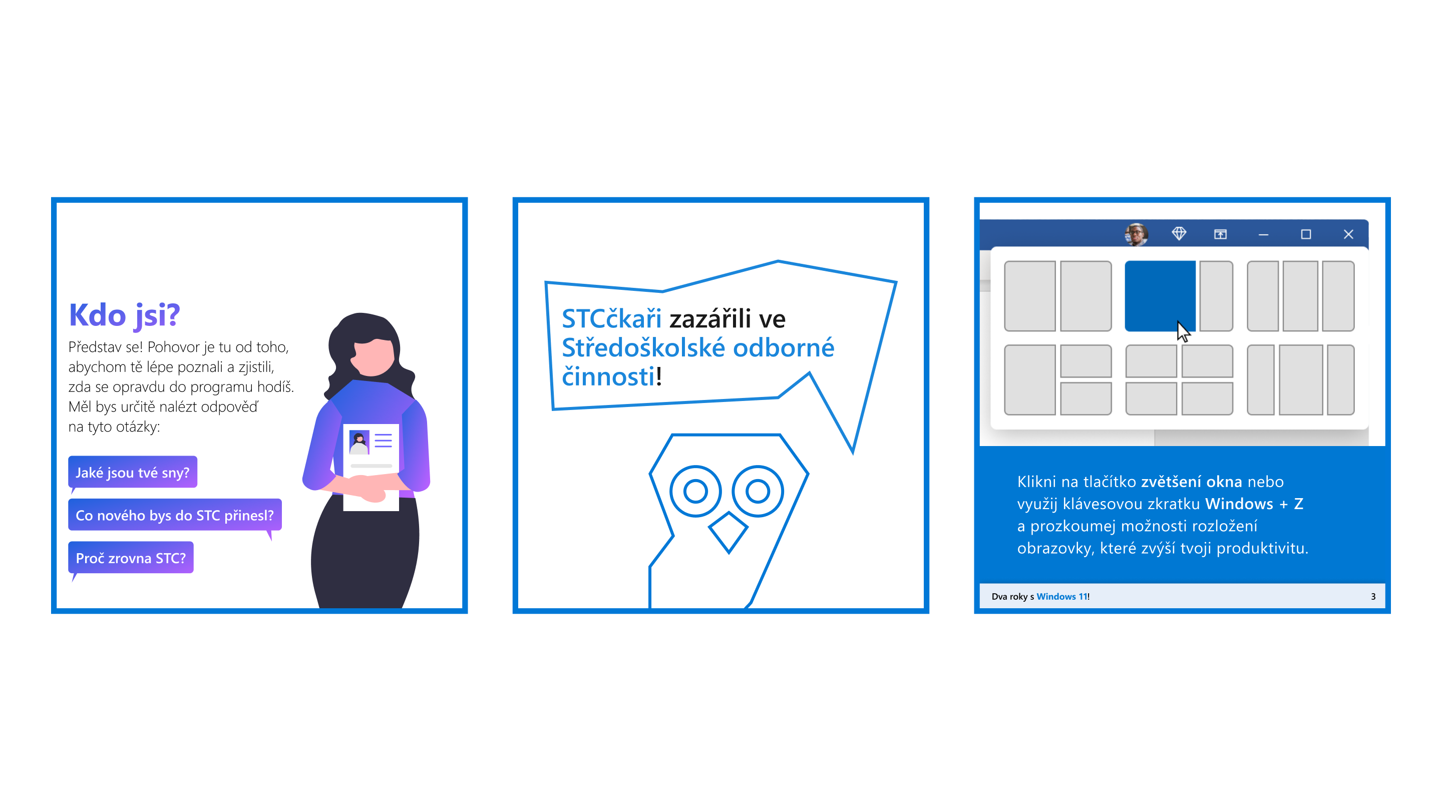 Ukázka slidů z karuselu příspěvků, které jsem vytvořil pro STC